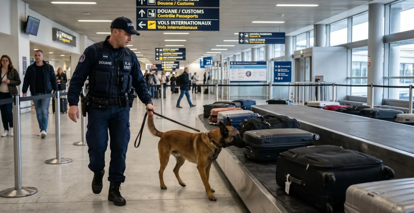 Chien détecteur de la brigade canine des douanes françaises inspectant des bagages dans une zone de contrôle d'aéroport, maître-chien en uniforme à proximité
