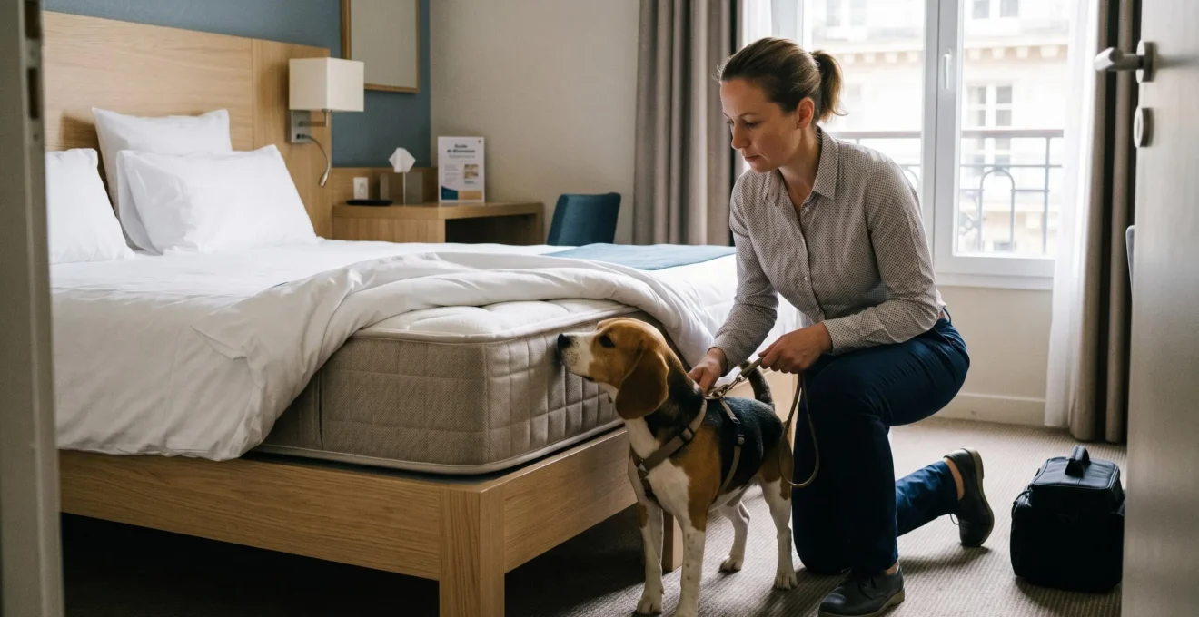 Chien détecteur spécialisé dans la recherche de punaises de lit inspectant un matelas dans une chambre d'hôtel, maître-chien professionnel supervisisant l'intervention