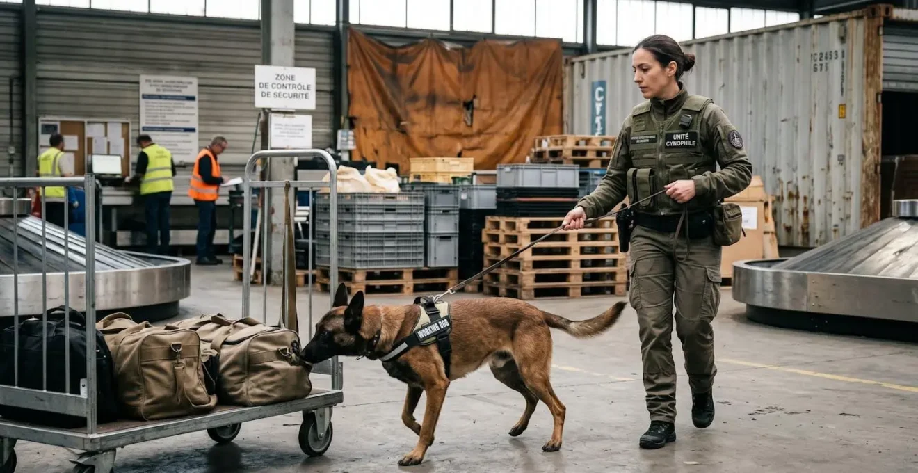 Maître-chien professionnel avec chien détecteur de race berger allemand en action de recherche olfactive dans une zone d'inspection, équipement professionnel visible, environnement de travail réel