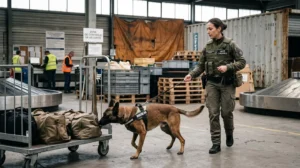 Maître-chien professionnel avec chien détecteur de race berger allemand en action de recherche olfactive dans une zone d'inspection, équipement professionnel visible, environnement de travail réel